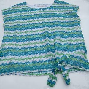 Alfred Dunner Women's 1X Top Blue Green White Crocheted over Liner Faux jewels.